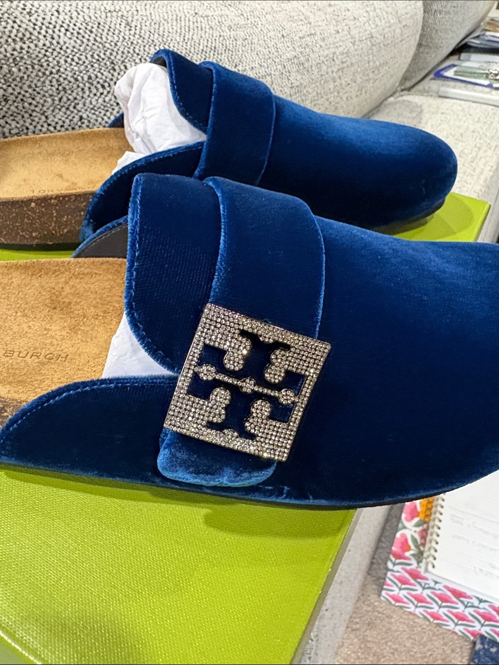 Tory Burch Royal Blue Velvet Backless Loafers with Logo Accent NIB - Picture 3 of 9